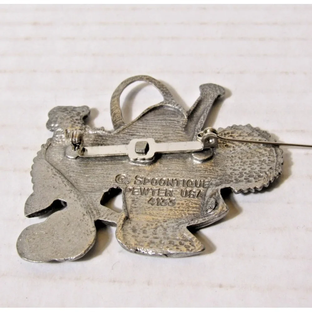 Spoontiques Pewter Garden Brooch Watering Can Sunflowers Trowel USA 4188 Vintage